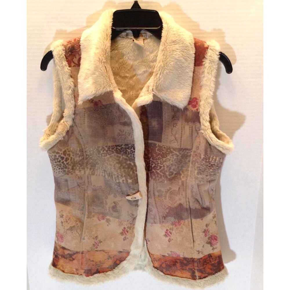 Patchwork Sweater Vest Wn S Faux Fur Trim Toggle Y2K Bohemian Artsy Indie 90s